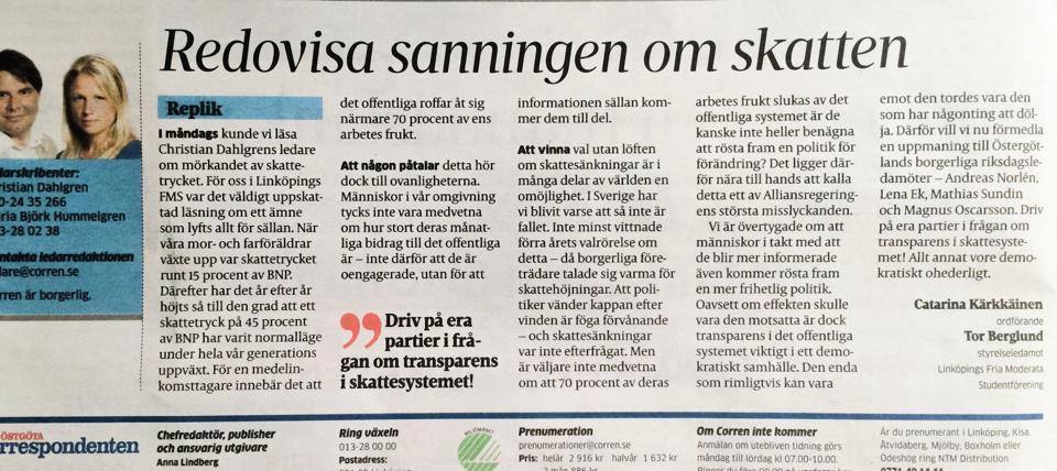 Read more about the article Corren 31/1: Redovisa sanningen om skatten!